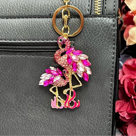 Whimsical Mother Baby Pink Crystal Flamingo Keychain Charm - Picture 6 of 16